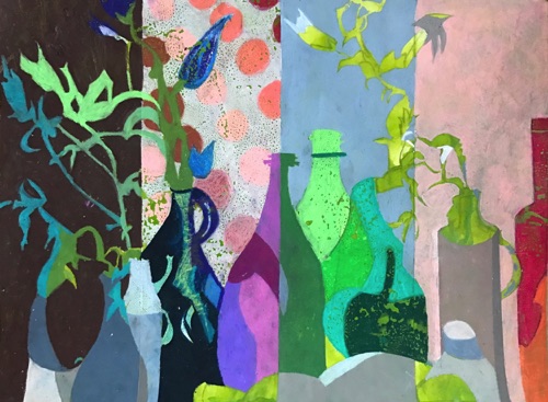 Green Bottle Still LIfe (sold); 
watercolor and oil pastel on paper, 18 x 24"